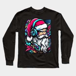 Santa Claus with headphones on his ears listening to music Long Sleeve T-Shirt